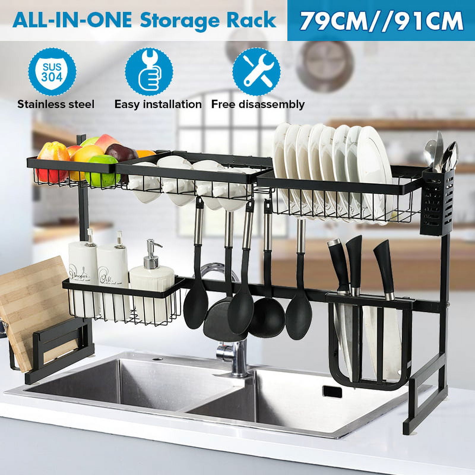 Over Sink Dish Drying Rack 2-Tier Stainless Steel Cutlery Drainer Kitchen  Shelf