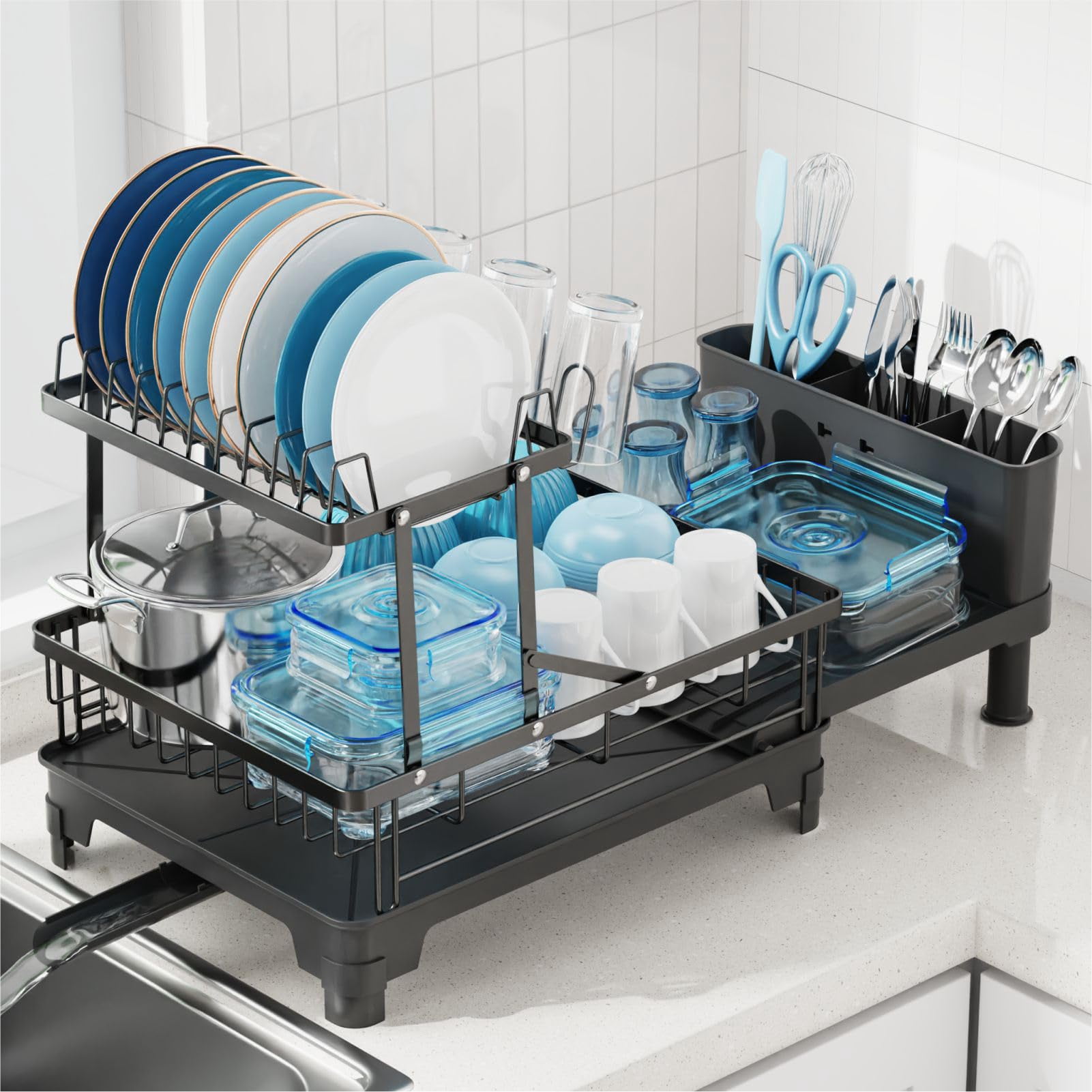 2 Tier Dish Drying Rack With Drainboard  Expandable Large Drainer For Kitchen Counter Rust Resistant Cup Holder & Utensil 12.6" W X 18.7"-25.2" L Black