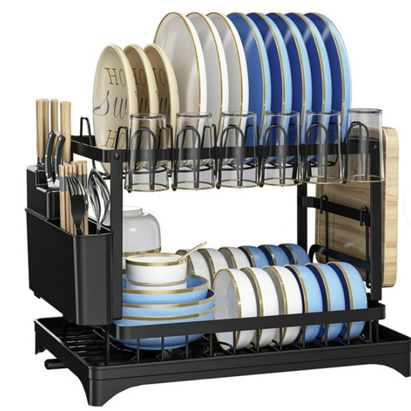 Vallary 2-Tier Dish Drying Rack with Drainboard  Rustproof Steel Kitchen Organizer with Utensil & Cup Holder, Cutting Board & Knife Stand  Space-Saving Countertop Dish Drainer (Black)