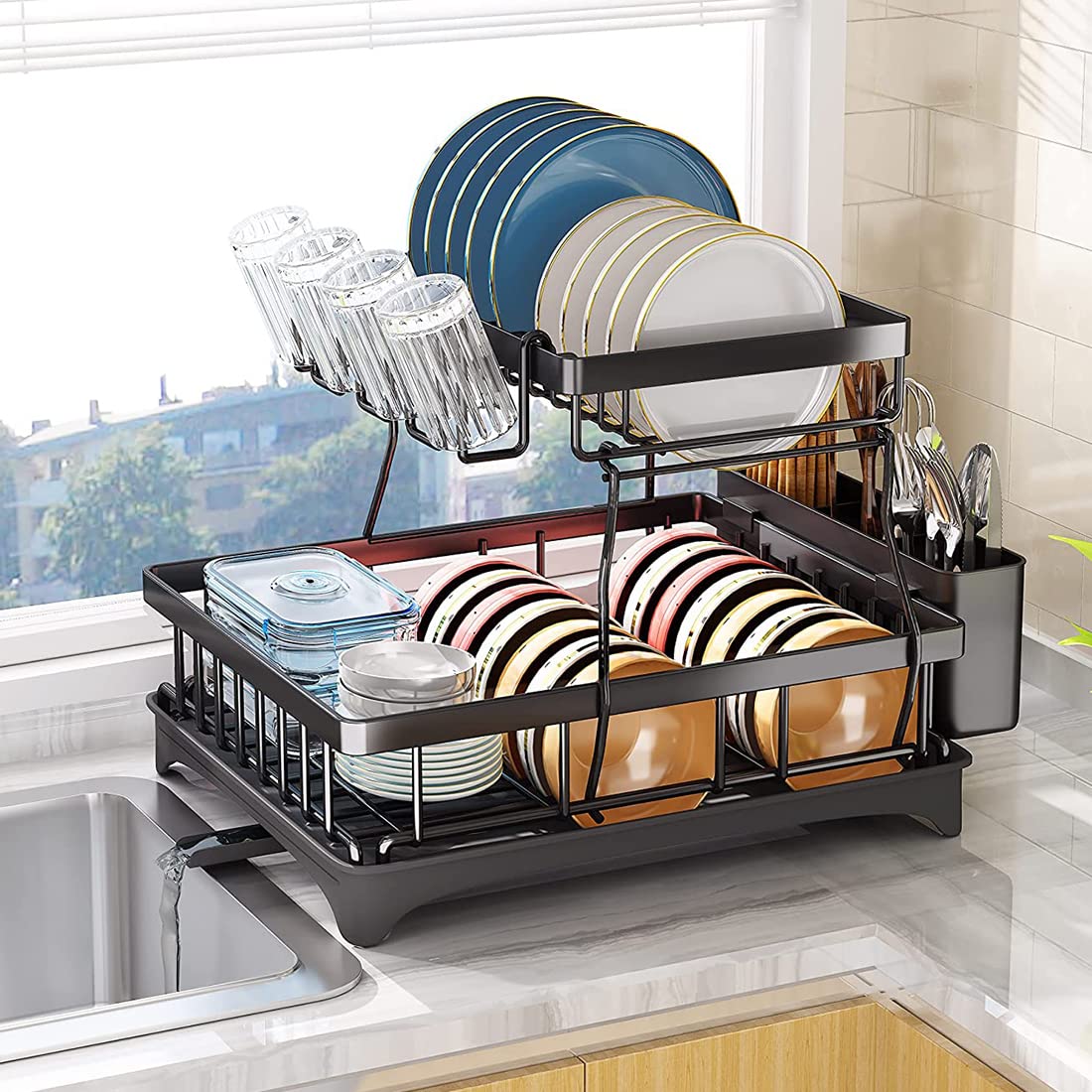 2 Tier Dish Drying Rack Drainboard Set for Kitchen Counter Dish Drainer ...
