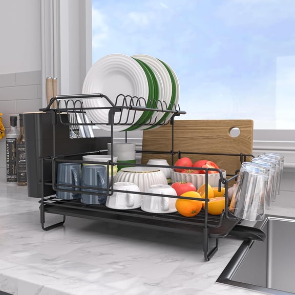 2-Tier Dish Drying Rack with Drainboard Set, Stainless Steel Detachable 2-in-1 Large-Capacity 2-Tier Over The Sink Anti-Rust Dish Rack and Dish Drainer for All Kitchen