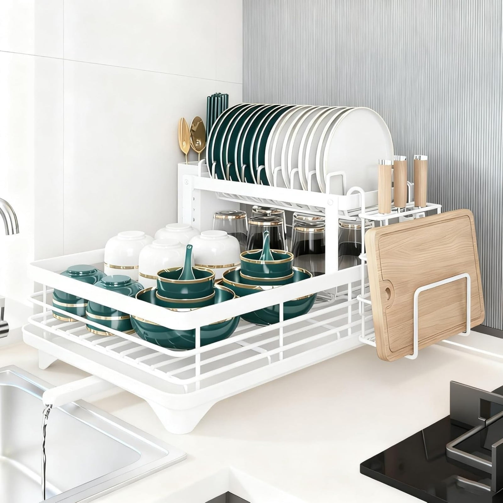 Stack Rack Drip Tray 2-Tier Dish Drying Rack with Drip Tray, Carbon Steel Kitchen Organizer ...