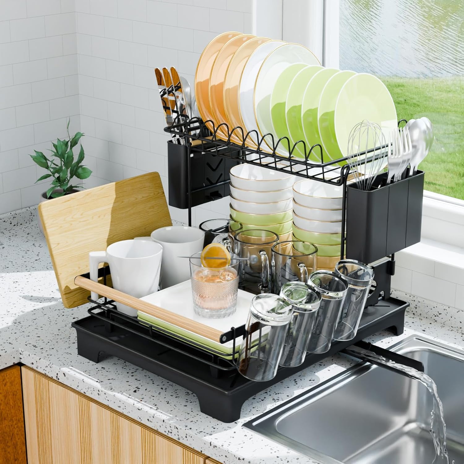 2 Tier Dish Drying Rack, Drying Rack with Automatic Drainboard, Dish ...