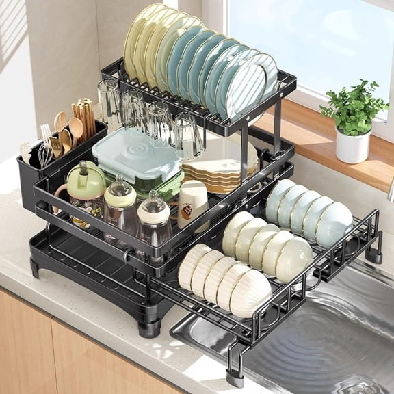 2 Tier Dish Drying Rack, Expandable Dish Rack for Kitchen Counter with 360° Swivel Auto Drain Spout, Large Capacity Dish Drainer with Detachable Utensil Holder, Carbon Steel Kitchen Organizer