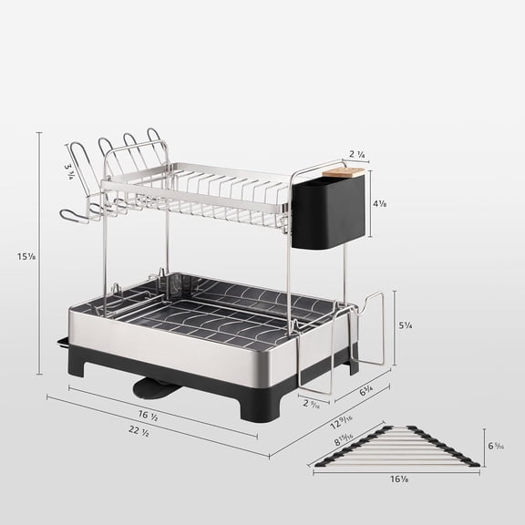 2 Tier Dish Drying Rack, Extra Large Dish Rack, Multifunctional Large Dish Drainers for Kitchen Counter, 304 Stainless Steel Kitchen Drying Rack, Bowl Drying Rack, Extendable Drain Spout, Black