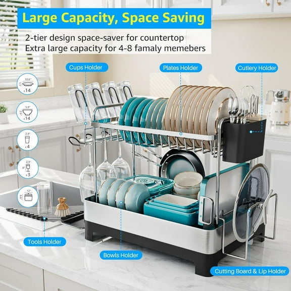 2 Tier Dish Drying Rack, Extra Large Dish Rack, Multifunctional Large Dish Drainers for Kitchen Counter, 304 Stainless Steel Kitchen Drying Rack, Bowl Drying Rack, Extendable Drain Spout, Black