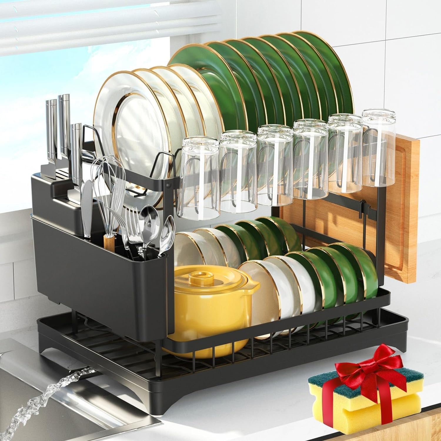 Black 2-Tier Foldable Metal Dish Drying Rack with Utensil Cup