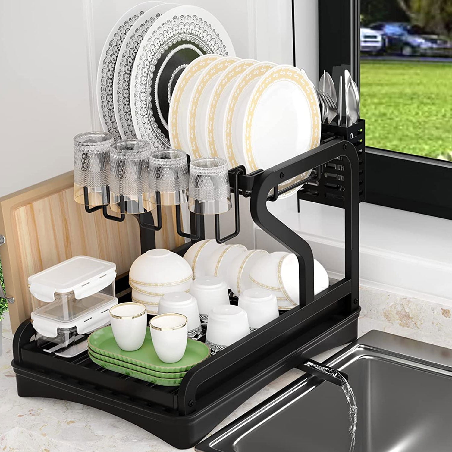 BOOSINY Dish Drying Rack for Kitchen Counter, 2 Tier Large Dish Drainer  with Drainboard Set, Cutlery Holder, Cutting Board Holder and Extra Dryer  Mat