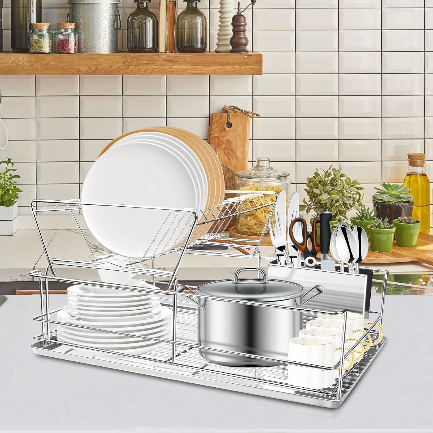 Stainless Steel 2-Tier Dish Drying Rack with Utensil Holder