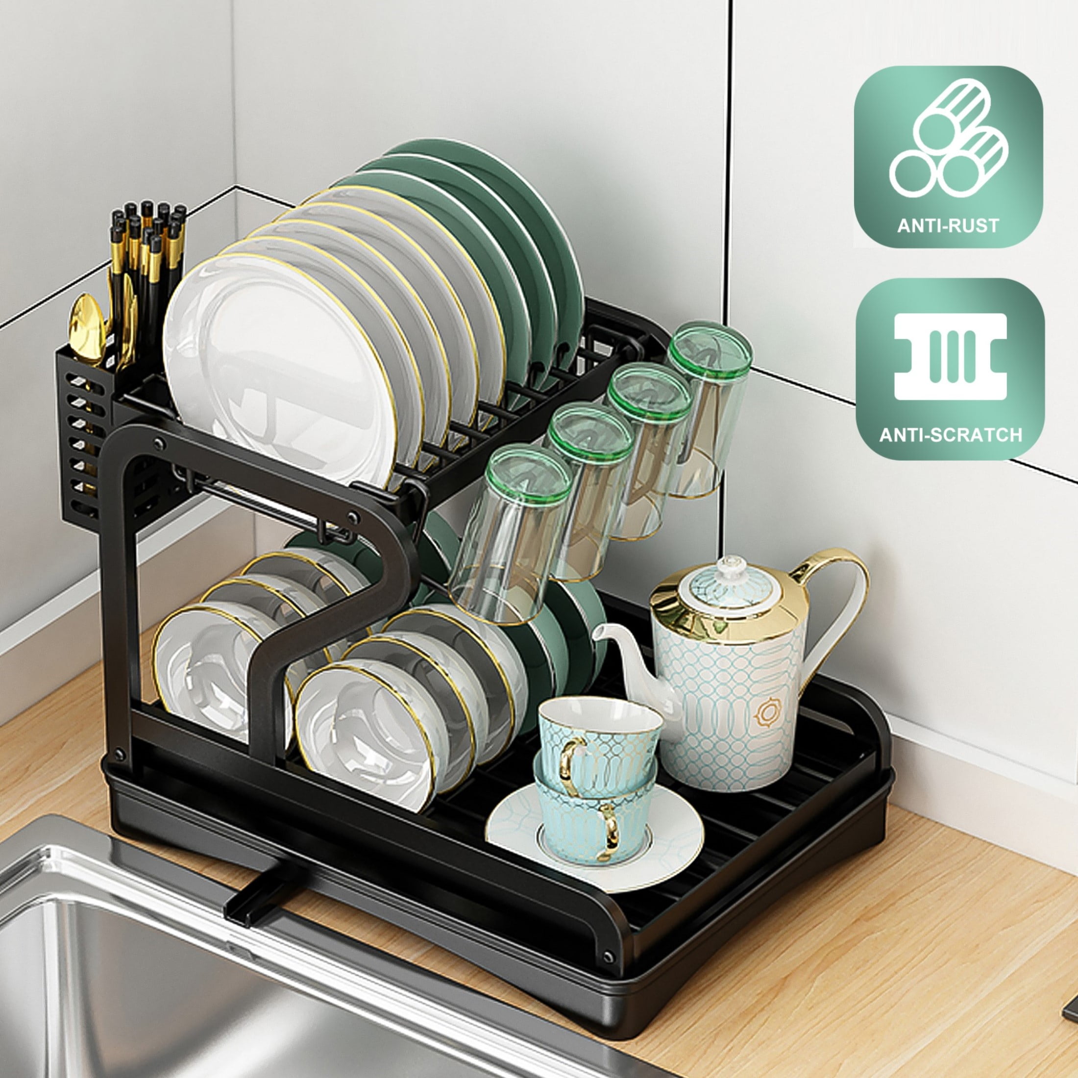 Dish Drying Rack, HERJOY Detachable 2 Tier Dish Rack and Drainboard Set, Large Capacity Dish Drainer Organizer Shelf with Utensil Holder, Cup Rack for