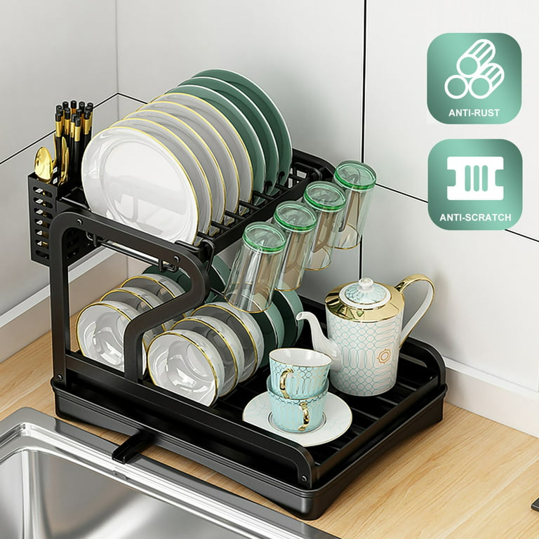 2-Tier Dish Drying Rack, Kitchen Counter Storage Dish Rack with Drain Board  & Cup Utensil Holder Organizer (Black) 