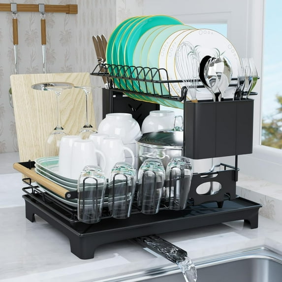 Dish Drying Rack, Large-Capacity Dish Rack for Kitchen Counter, -Rust Dish Strainer Rack with Drainboard Set, Kitchen Organizer with Cup Holder, Utensil Holder, Cutting-Board Holde