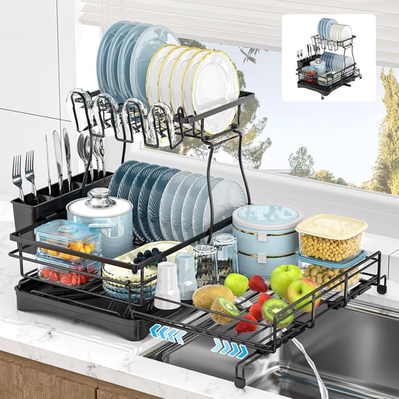 Dish Drying Rack Large Extendable Dish Racks for Kitchen Counter or Over Sink Dishrack with Drainboard -in- -Rust Stainless Steel Dish Drainer with Utensil Holder & Cup Ho