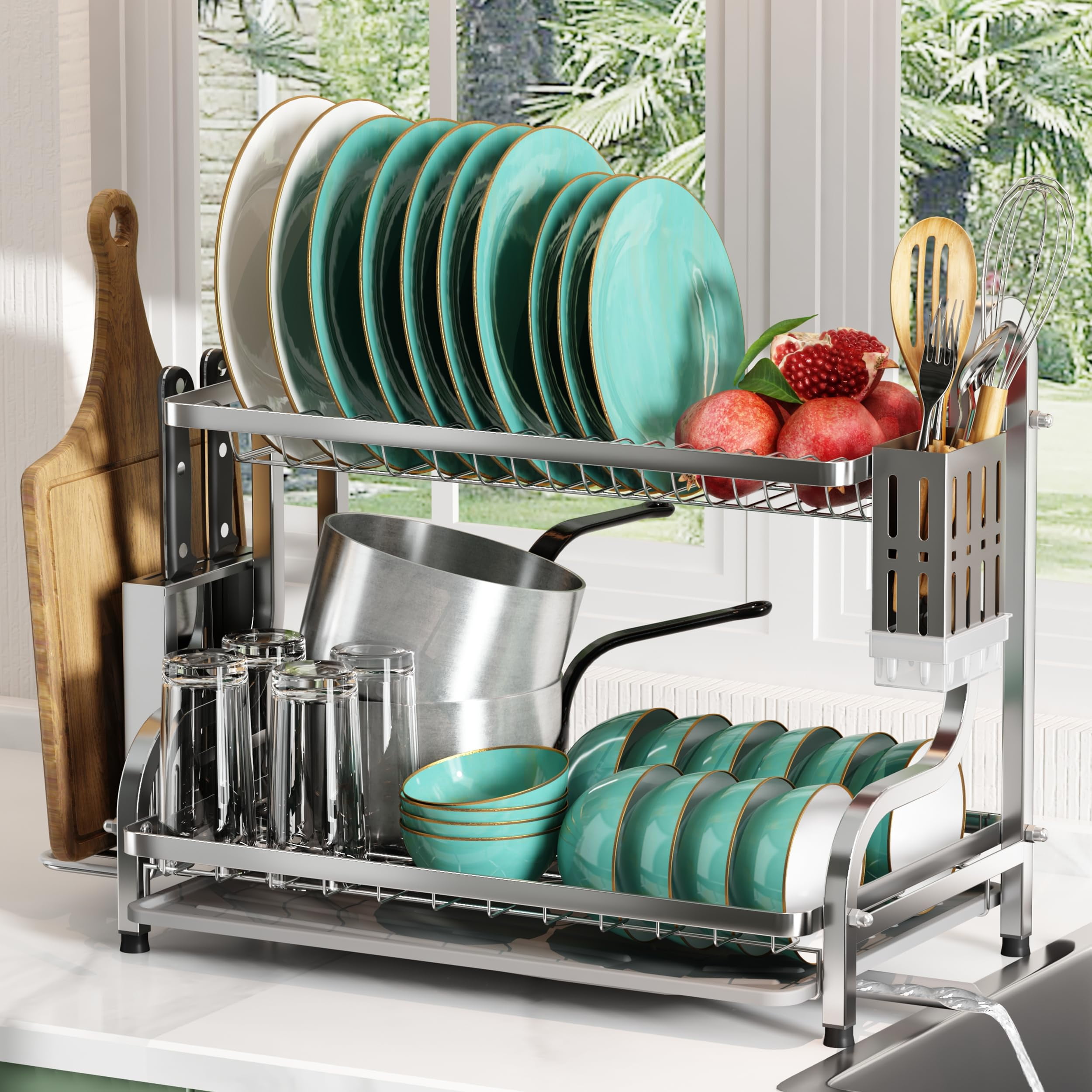 2-tier Rust-proof Dish Drying Rack With Knife Holder, Cutting