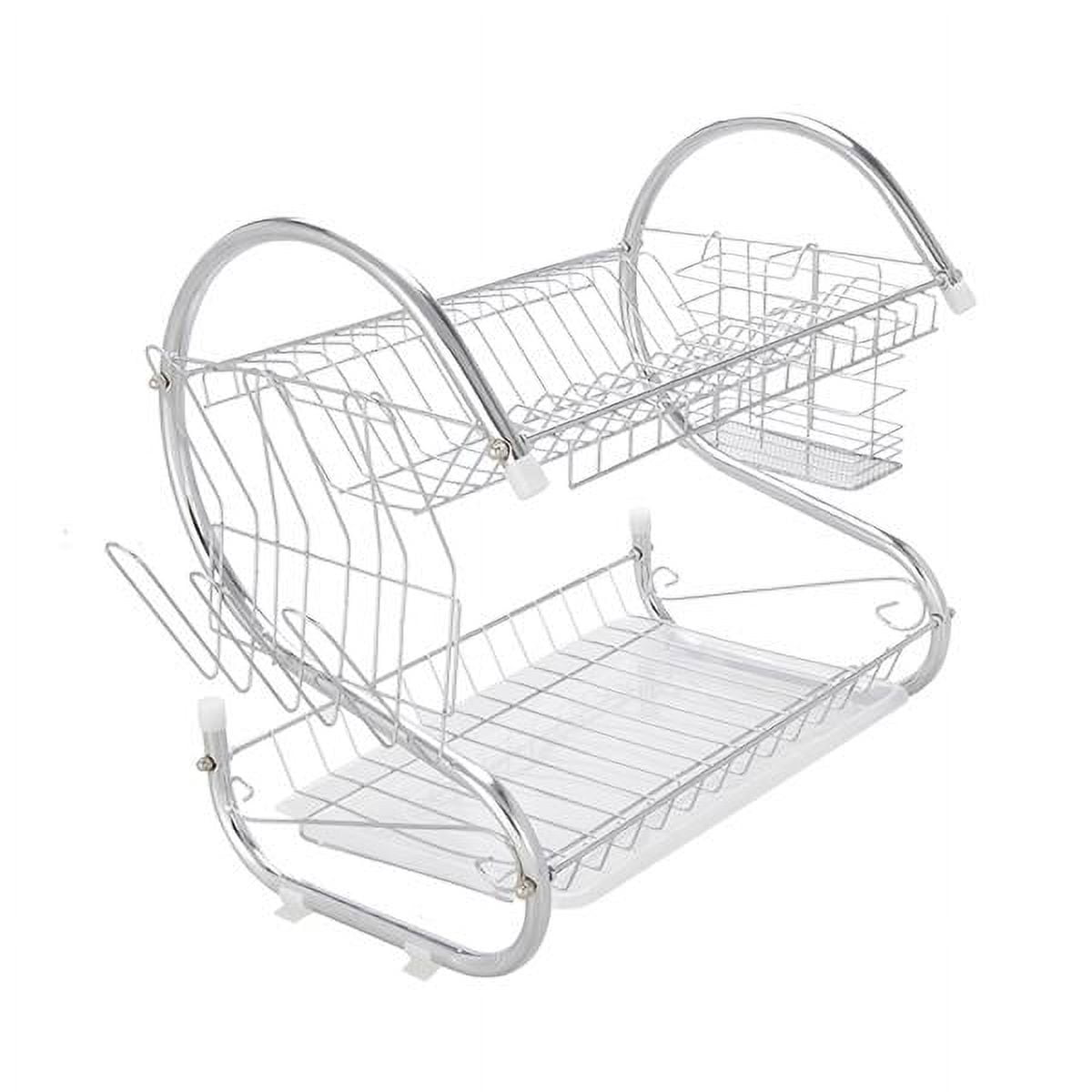 Silver 2-Tier Stainless Steel Dish Drying Rack with Utensil Cup