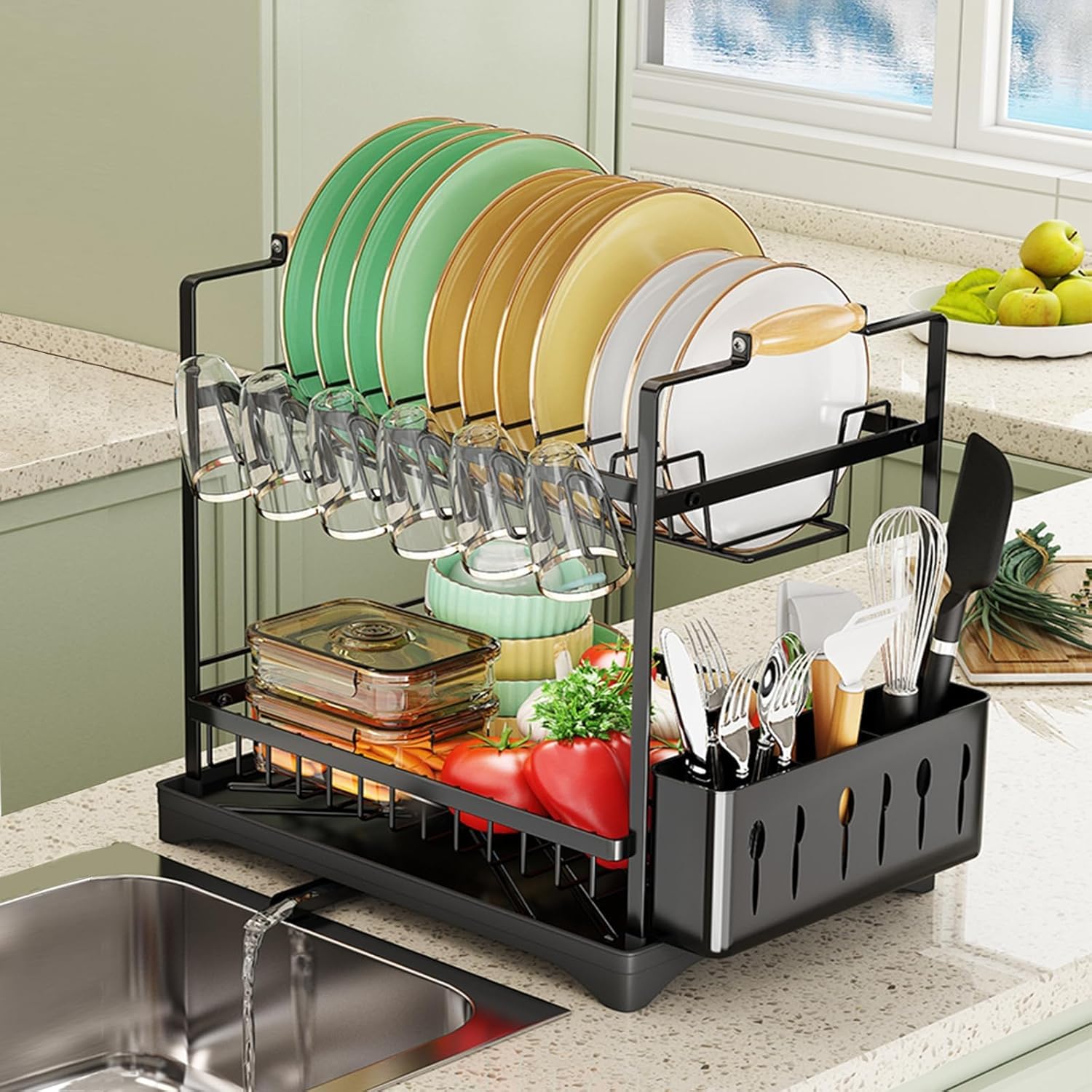 Removable Dish Rack 2-Tier Dish Drying Rack with Removable Utensil Holder, Over Sink Dish ...
