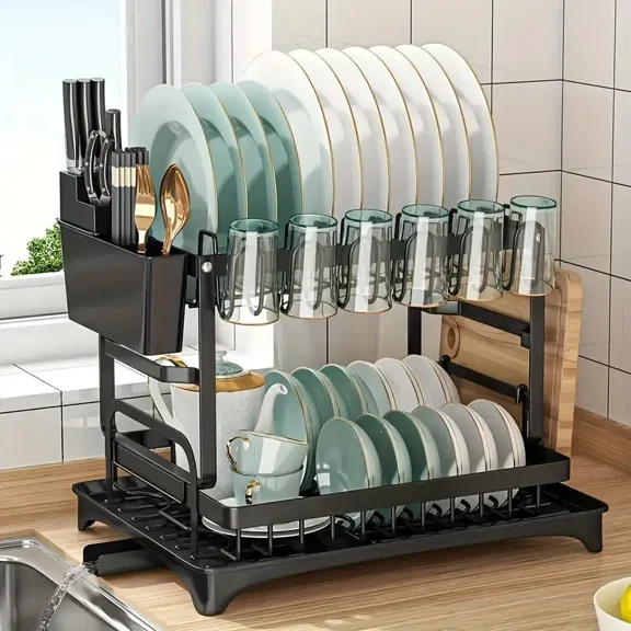 2-Tier Dish Drying Rack, Space-Saving Dish Rack, Dish Racks for Kitchen Counter, Carbon Steel Kitchen Drying Rack with Cutlery Holder, Auto-Draining Spout, Cup Holders,12''W x 17''L x 13''H