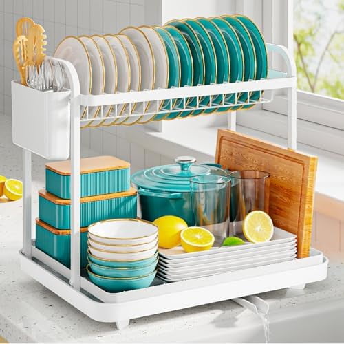2-Tier Dish Drying Rack - Stainless Steel Dish Rack with Cutlery & Utensil Holders for Kitchen Counter, Sink Organization and Storage for Small Family, 15" W x 11.4" L x 15" H, White