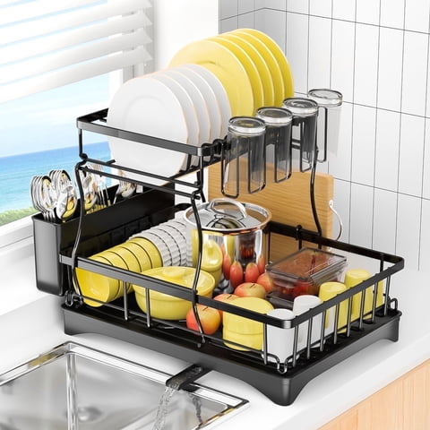 GPED 2 Tier Dish Drying Rack, Stainless Steel Dish Rack for Kitchen Counter, Kitchen Organizers and Storage Rack with Drainboard, Cutlery Holder, Cup Rack and Cutting Board Holder