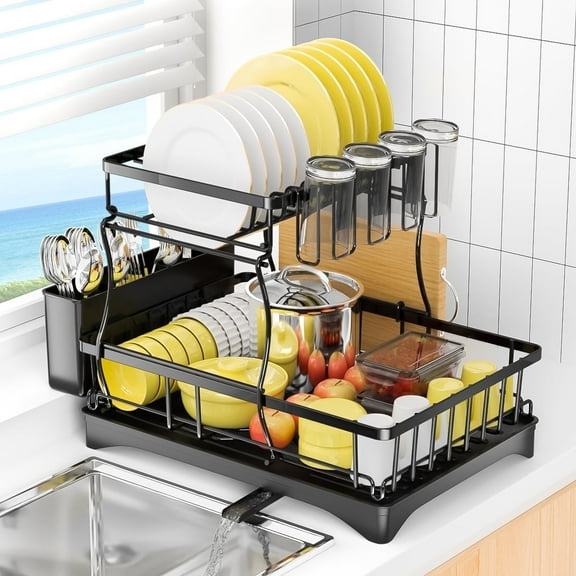 GPED 2 Tier Dish Drying Rack, Stainless Steel Dish Rack for Kitchen Counter, Kitchen Organizers and Storage Rack with Drainboard, Cutlery Holder, Cup Rack and Cutting Board Holder