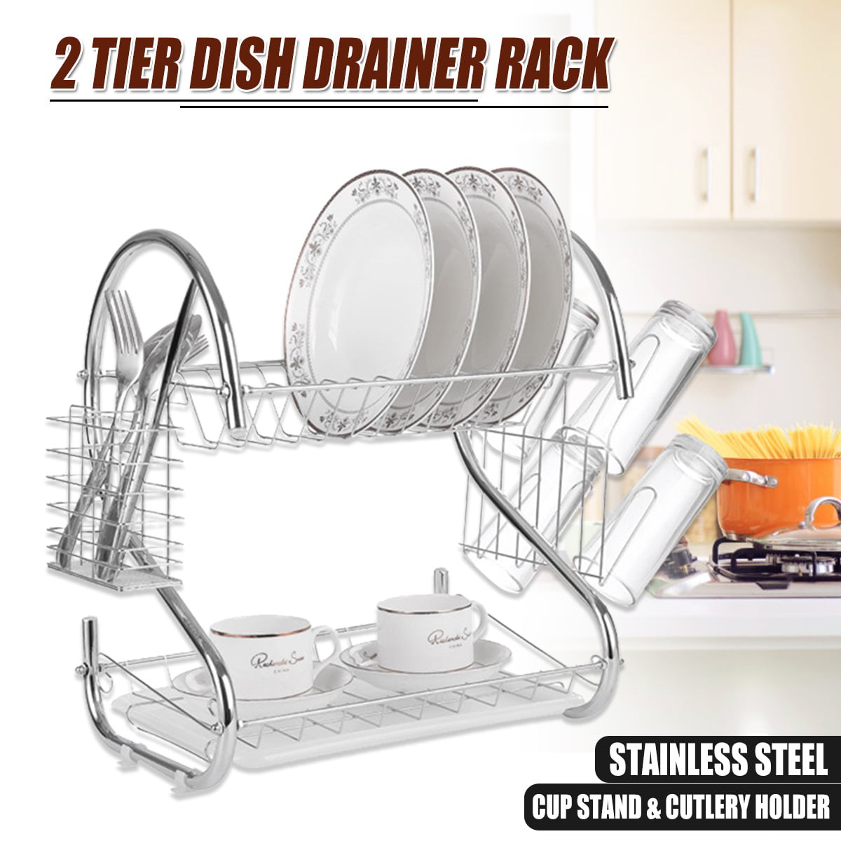 Dish Drying Rack,Dish Rack for Kitchen Counter,2 Tier Large Dish Drying Rack  with Drainboard Stainless Steel Dish Drainer with Drainage Utensil Holder  for Dish/Knifes/Cup/Cutting Board(16*11*12.5 IN) - Yahoo Shopping