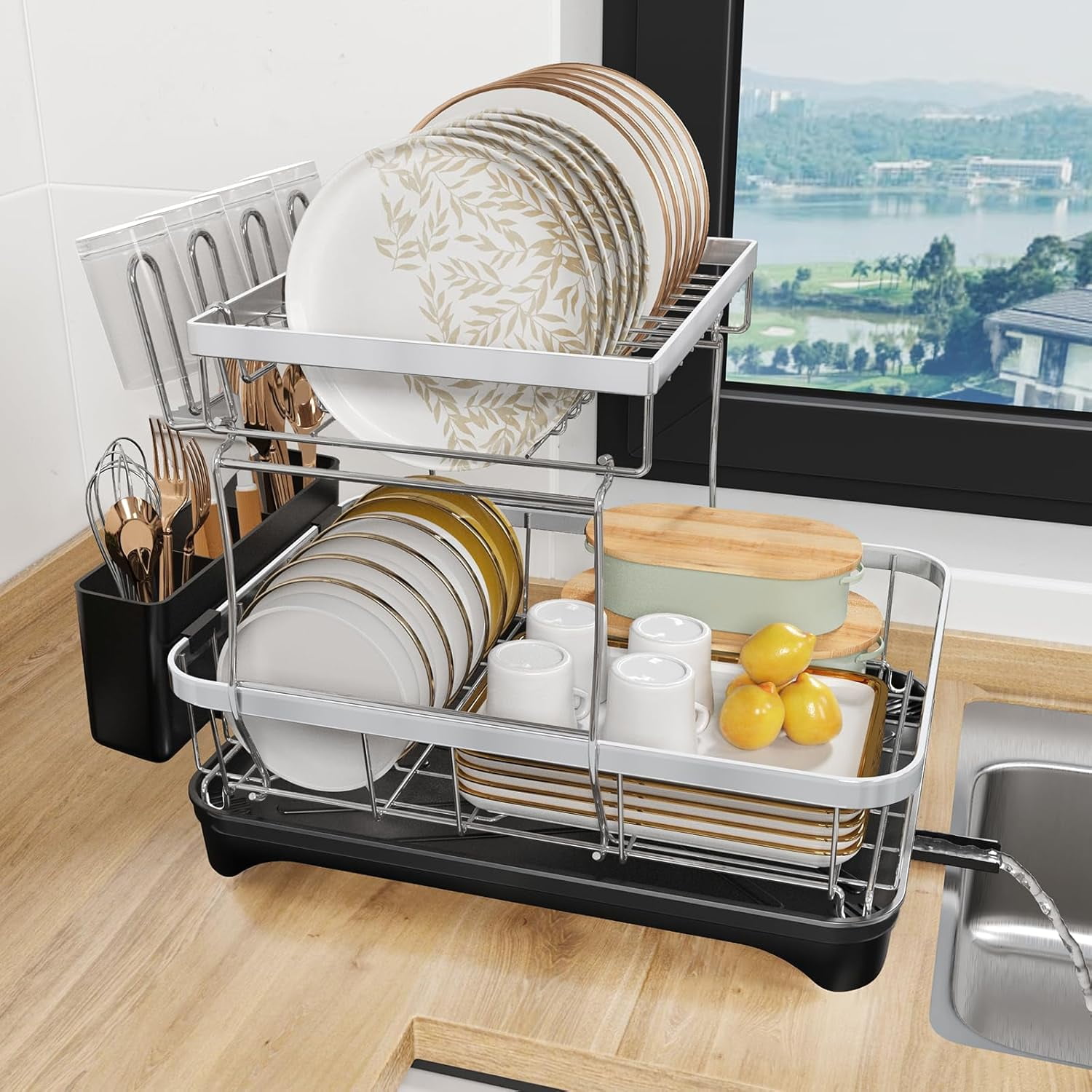 2-Tier Dish Drying Rack for Kitchen Counter, 304 Stainless Steel with ...