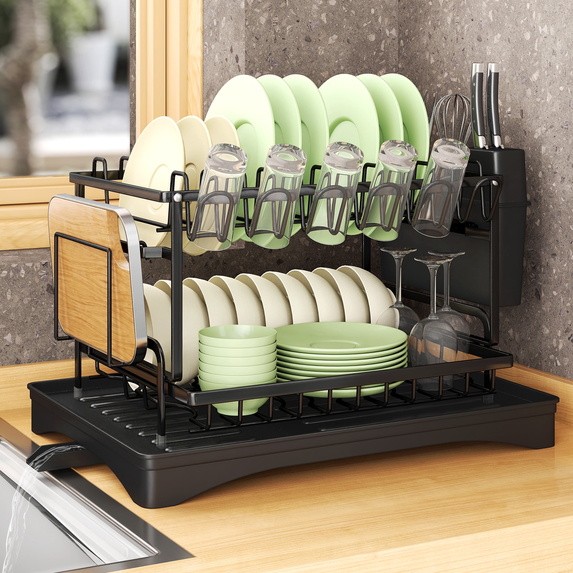 2 Tier Dish Drying Rack for Kitchen Counter, Carbon Steel Dish Rack ...