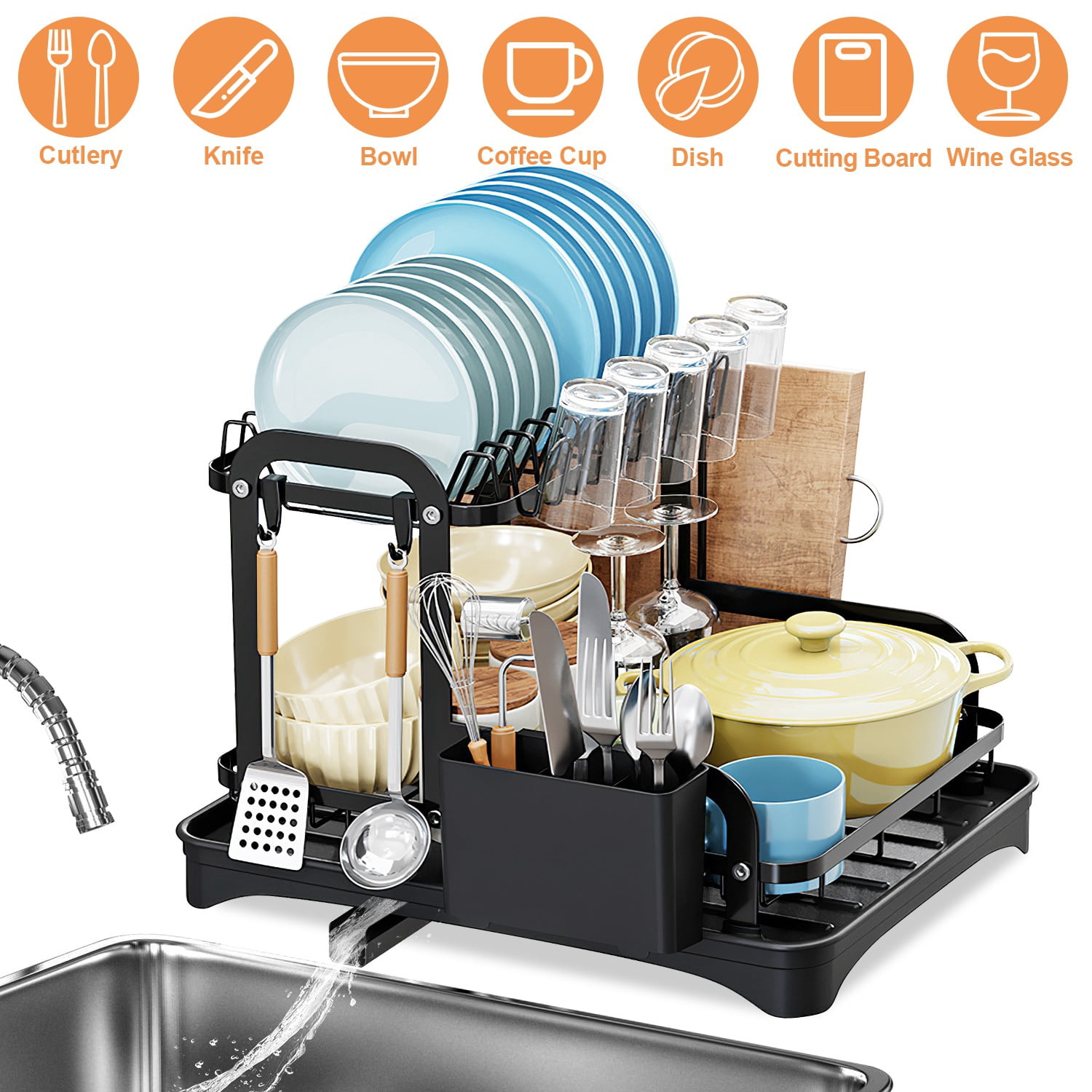 2-Tier Dish Drying Rack for Kitchen Counter TeqHome Rustproof Detachable Kitchen Drainer Organizer Set with Utensil Holder