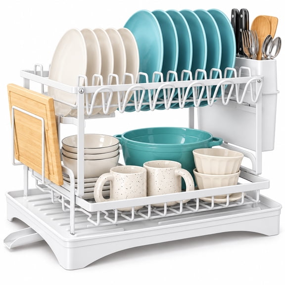 Storvive 2-Tier Carbon Steel Dish Drying Rack for Kitchen Counter, Large Capacity Dish Rack with Drainboard, Cutlery Holder, White