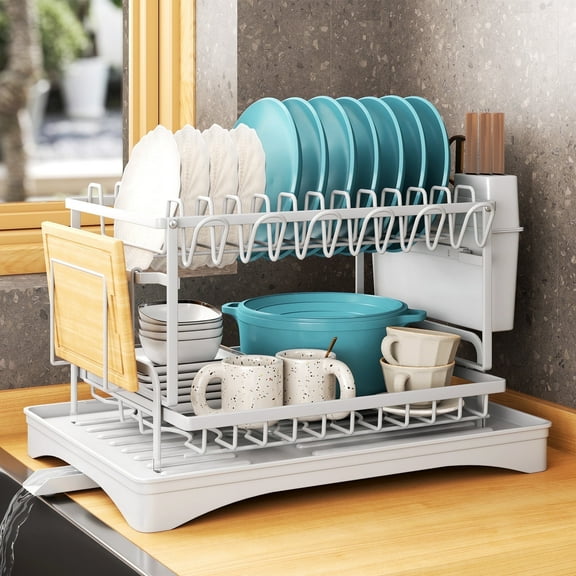 Storvive 2 Tier Carbon Steel Dish Drying Rack for Kitchen Counter With Drain Board, Cutlery Rack,White