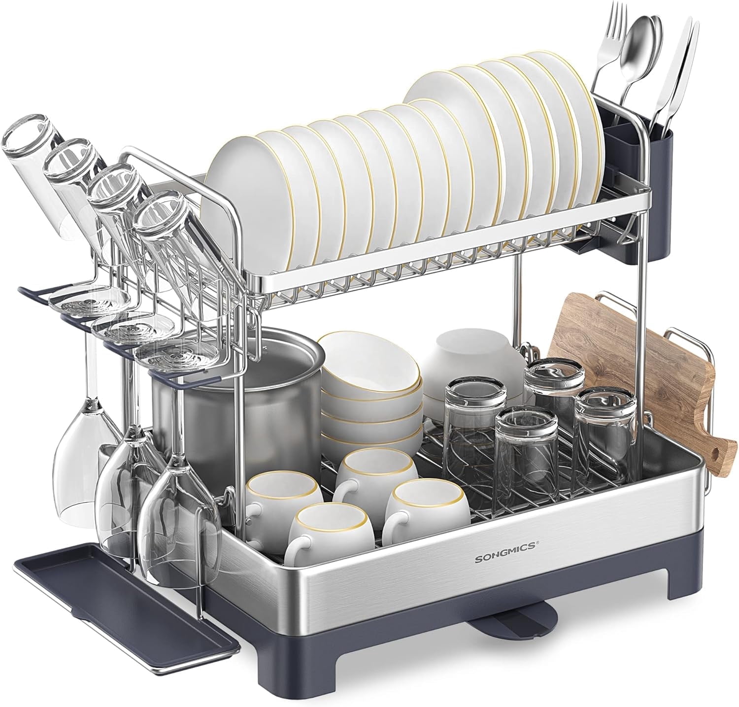 2 Tier Dish Drying Rack, for Kitchen Counter with Rotatable Drain Spout, Silve and Gray