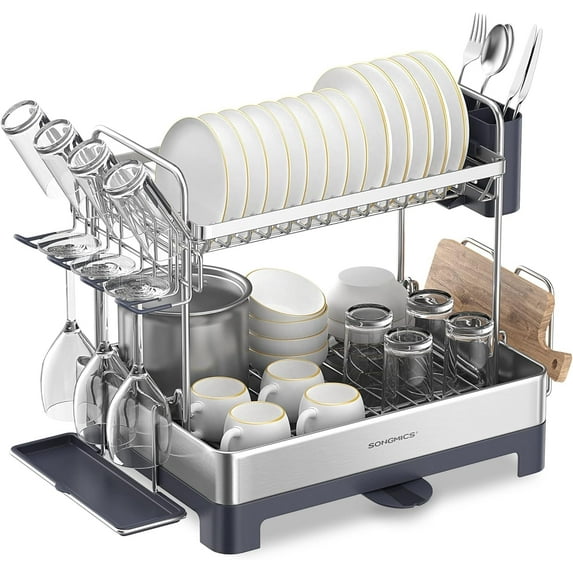 2 Tier Dish Drying Rack, for Kitchen Counter with Rotatable Drain Spout, Silve and Gray