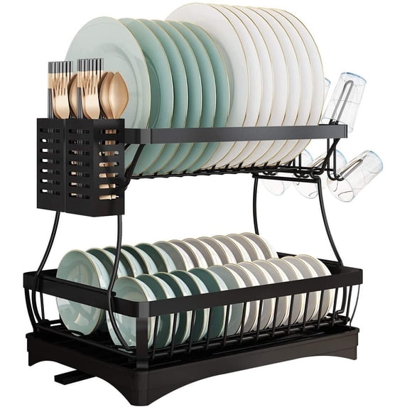 Dish Drying Rack for Kitchen Stainless Steel Dish Drainer with Water Tray Cutlery Holder Drainboard, Black