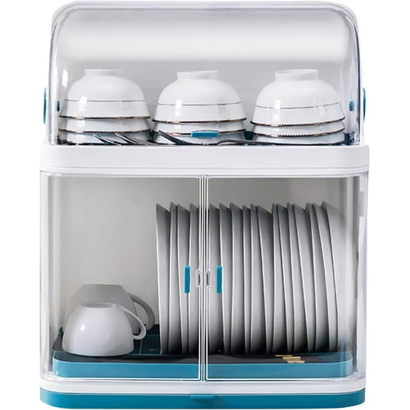 2 Tier Dish Drying Rack with Cover, Plastic Kitchen Plate Cup Dish Drying Rack with Removable Drain Board, for Dish/Knifes/Cup, Blue, White