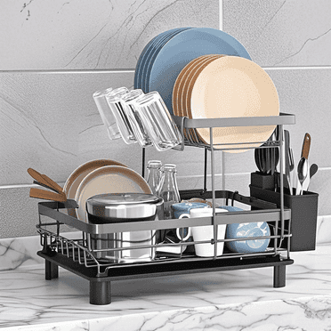 2-Tier Dish Drainers for Kitchen Counter with Drainboard, Kitchen Counter Organizer & Detachable Cup Holder, Space-Saving Dish Drying Rack, Gray