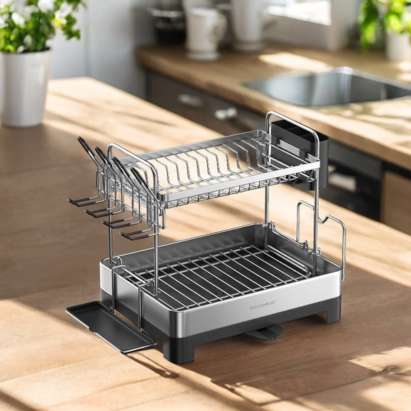 2 Tier Dish Drying Rack with Rotatable Drain Spout - Kitchen Counter Dish Rack with Extendable Drain Spout, Dish Drainer