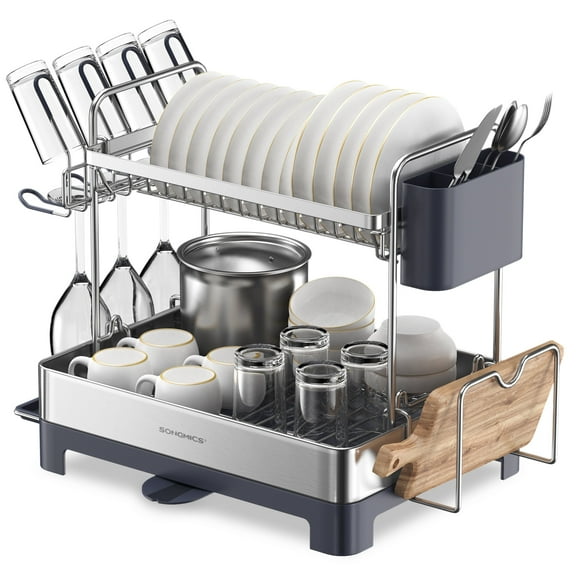 2 Tier Dish Drying Rack with Rotatable and Extendable Drain Spout, Dish Drainer, Black