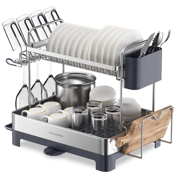 Meat Draining Rack SONGMICS 2 Tier Dish Drying Rack, Stainless Steel, Black, Rotatable ...