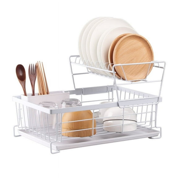 2-Tier Dish Drying Rack with Tray Utensil Holder, Dish Drainer for Kitchen Counter Organizer Storage