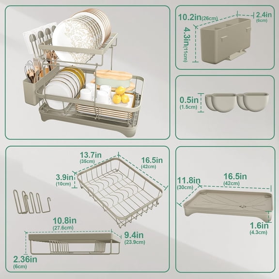 2-Tier Dish Drying Rack with Utensil Holder - Large Capacity Auto-Draining Kitchen Counter Organizer, Grey
