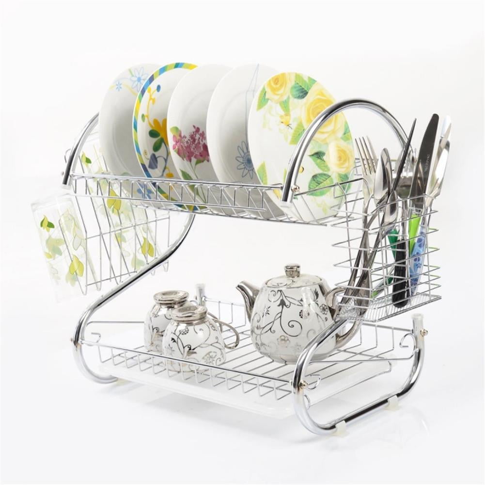 2-Tier Dish Rack Kitchen Dish Cup Drying Rack Drainer Holder Stainless Steel Silver 15.74 x 14.57 x 9.84 inch