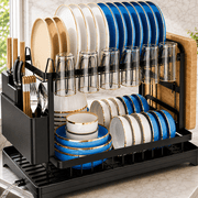 GAZILY  2-Tier Dish Drying Rack for Kitchen Counter with Auto Drain Tray, Utensil Holder, Cup Rack and Cutting Board Holder, Black