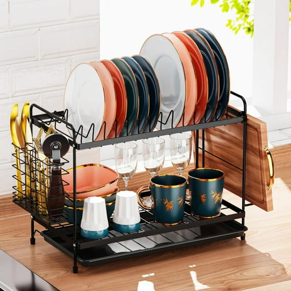 2 Tier Dish Racks Drainers Black Metal Finish