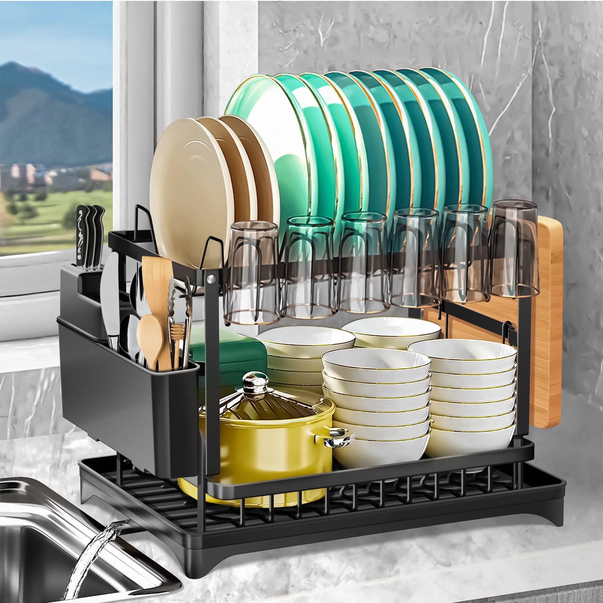 Kitchen Organizer Tier Dish Rack With Draining Tray Walmart Tier