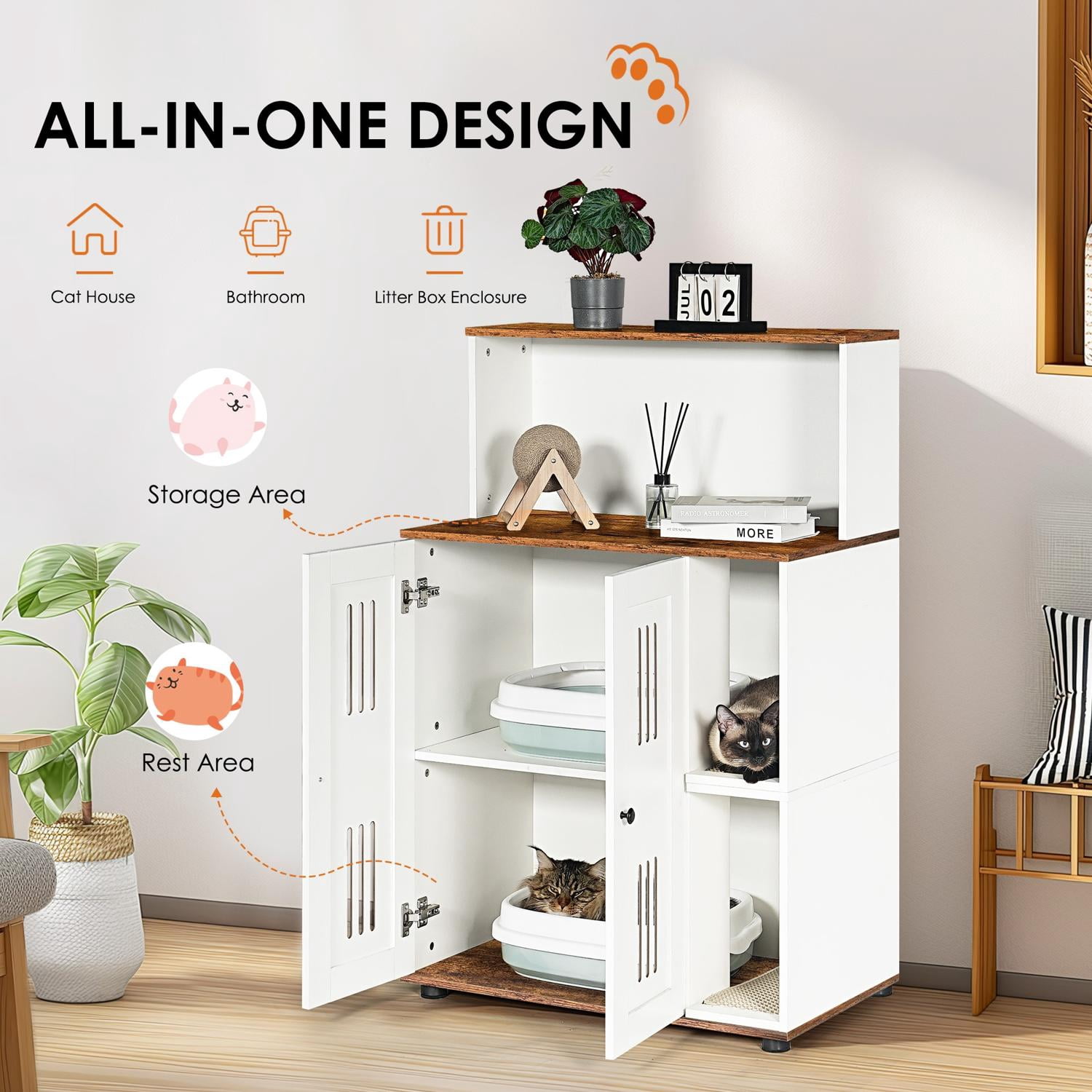 2-Tier Double Cat Litter Box Enclosure Cabinet, Hidden Enclosed Cat Washroom Furniture with Side Openings and Storage Shelf, End Table Cover for 2 Cats, White Walnut