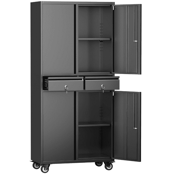 2 - Tier Drawer Black Metal Storage Cabinet with Locking System and Wheels - 120KG Capacity - Ideal for Home Office, Garage & Kitchen Storage