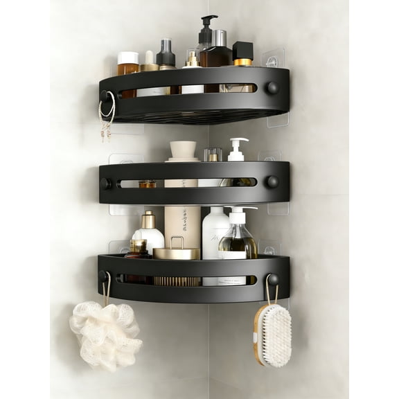 3-Tier No Drilling Shower Corner Shelf, Adhesive and Screw Mount Bathroom Corner Shower Caddy Organizer, PP Material No Hooks Space-Saving Storage Shelf with 24lbs Load Capacity, Black