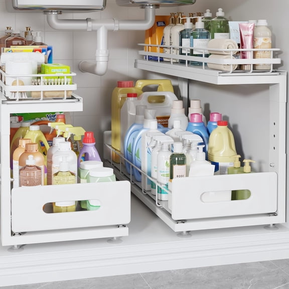 2-Tier Dual Pull-Out Under Sink Organizer with Adjustable Height Sliding Drawers 2 Pack 21"D x 12.8"16.9"H White