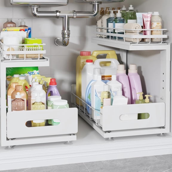 2-Tier Dual Pull Out Under Sink Organizer with Height Adjustable Slide Out Drawers, 2 Pack, 16.7"D x 12.8"-16.9"H, White