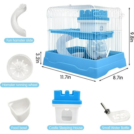 2-Tier Dwarf Hamster Cage with Castle House, Running Wheel & Accessories - Portable Small Animal Habitat